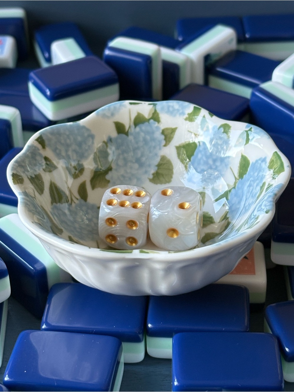 Mahjong Tiles Ceramic Dice Dish Blue Hydrangea trinket ring dish
